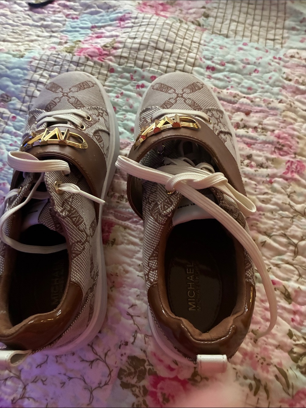 Michael Kors Beige and Tan Logo-Print Lace-Up Sneakers